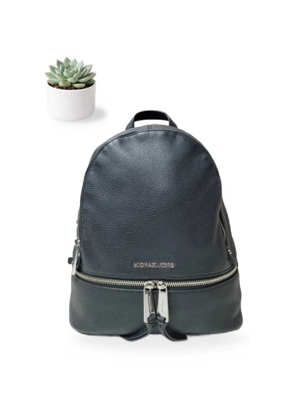 Michael Kors Rhea Medium Black Pebbled Leather Backpack Bag Silver 30S5SEZB1L